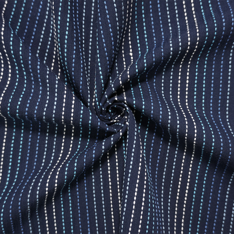Navy-Blue-White Cotton Stripe Crinkled Dobby Gauze Woven Fabric
