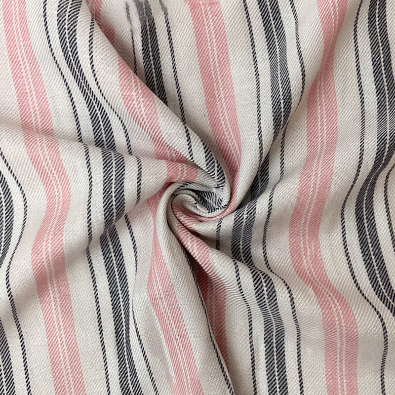 Pink-White-Navy Rayon Stripe Twill Woven Fabric
