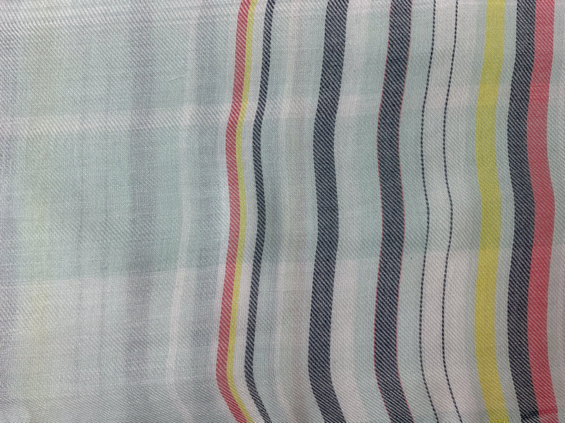 Green-White-Multi Rayon Stripe Plaid Twill Woven Fabric