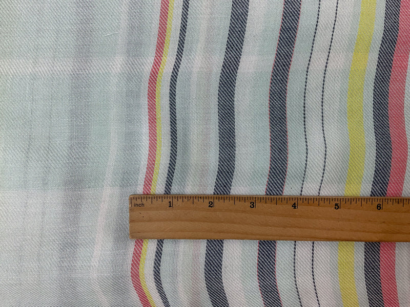 Green-White-Multi Rayon Stripe Plaid Twill Woven Fabric