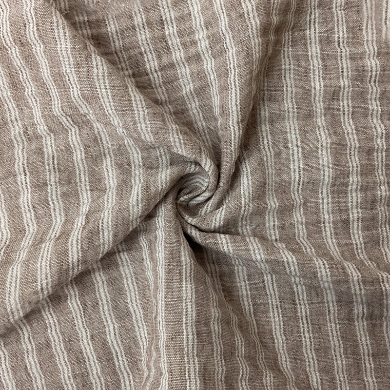 White-Brown Poly Stripe Linen-Like Woven Fabric