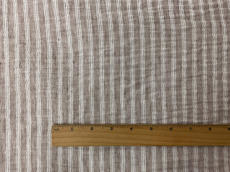 White-Brown Poly Stripe Linen-Like Woven Fabric