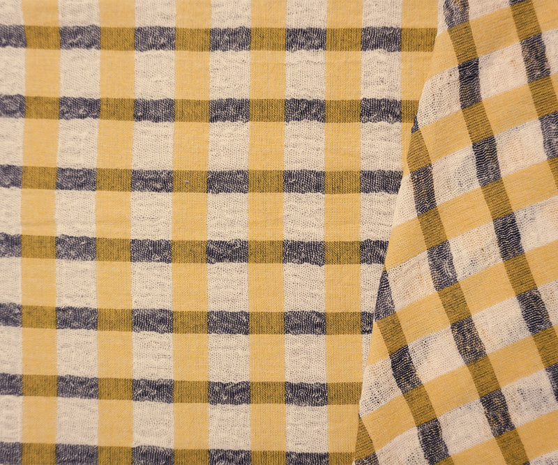 Yellow-White-Navy Cotton Check-Plaid Gauze Woven Fabric