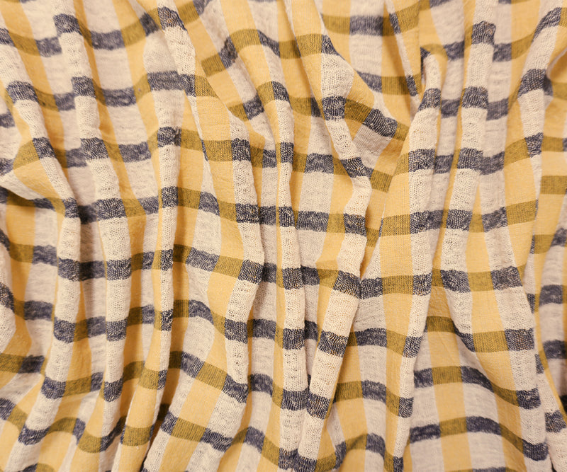Yellow-White-Navy Cotton Check-Plaid Gauze Woven Fabric