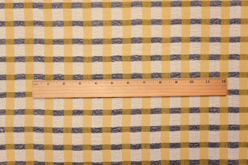 Yellow-White-Navy Cotton Check-Plaid Gauze Woven Fabric
