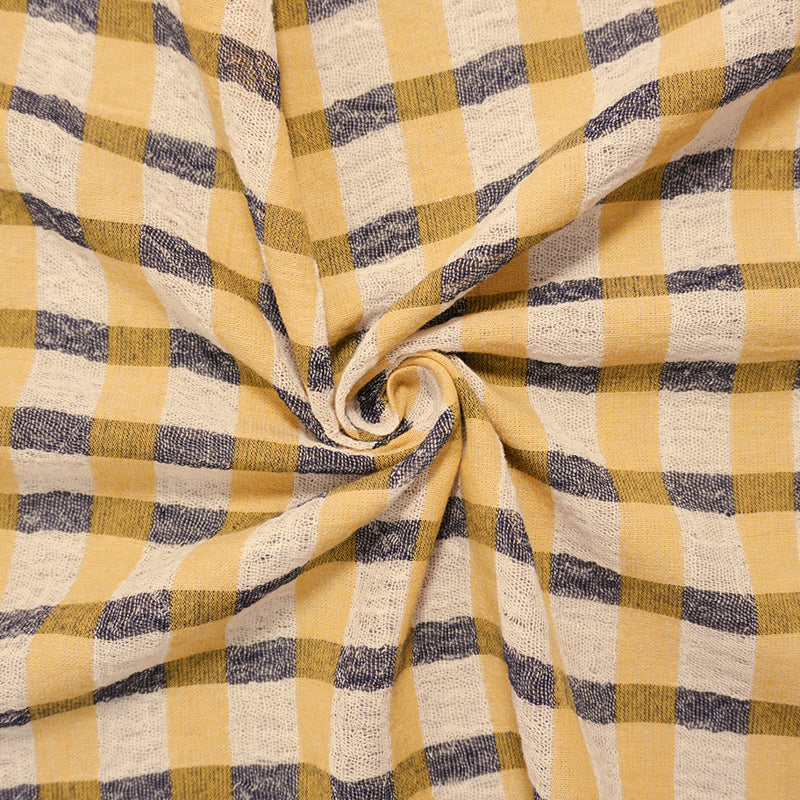 Yellow-White-Navy Cotton Check-Plaid Gauze Woven Fabric