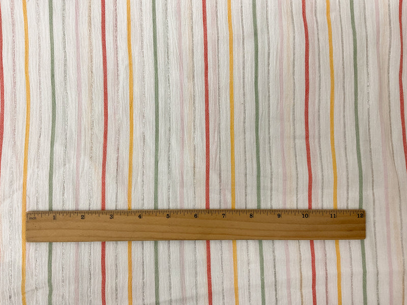 White-Silver-Teal Cotton Lurex Stripe Crinkled Woven Fabric