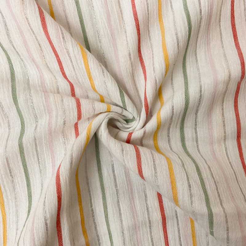 White-Silver-Teal Cotton Lurex Stripe Crinkled Woven Fabric