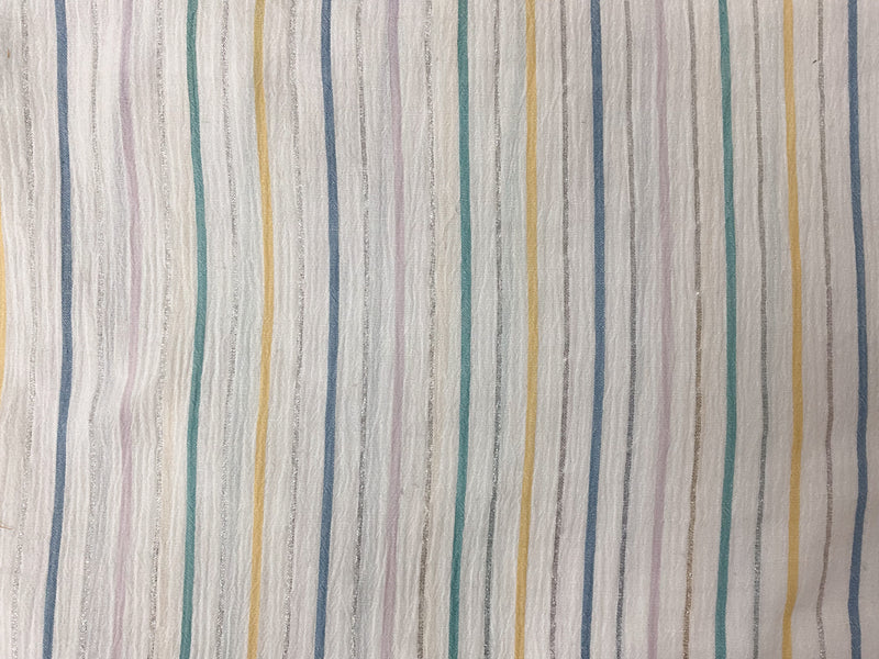 White-Silver-Yellow Cotton Lurex Stripe Crinkled Woven Fabric