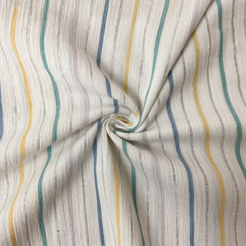 White-Silver-Yellow Cotton Lurex Stripe Crinkled Woven Fabric