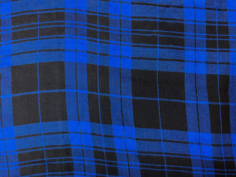 Blue-Black Rayon Plaid Herringbone Twill Woven Fabric