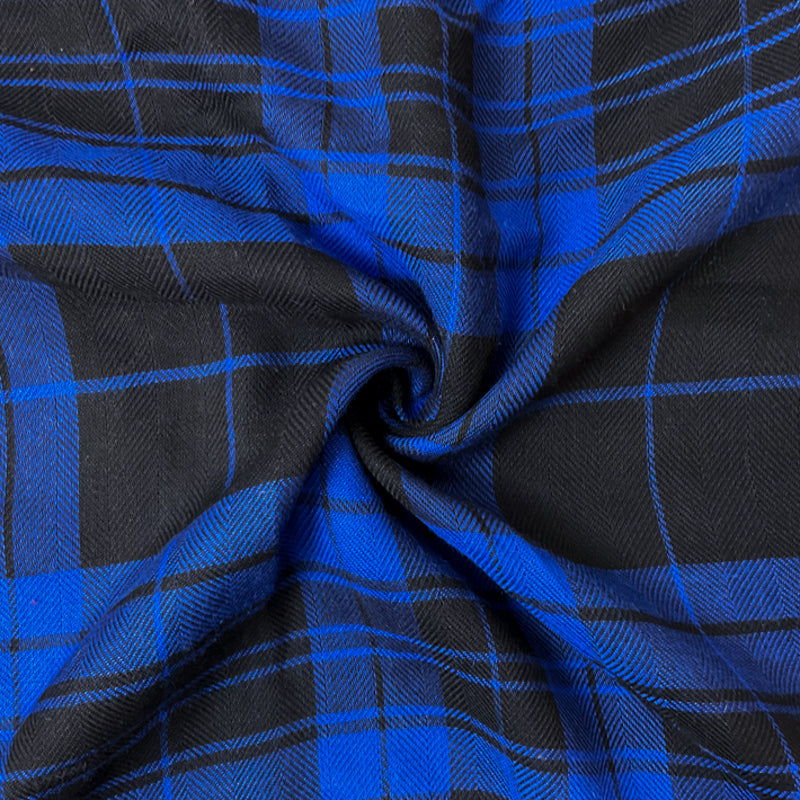 Blue-Black Rayon Plaid Herringbone Twill Woven Fabric