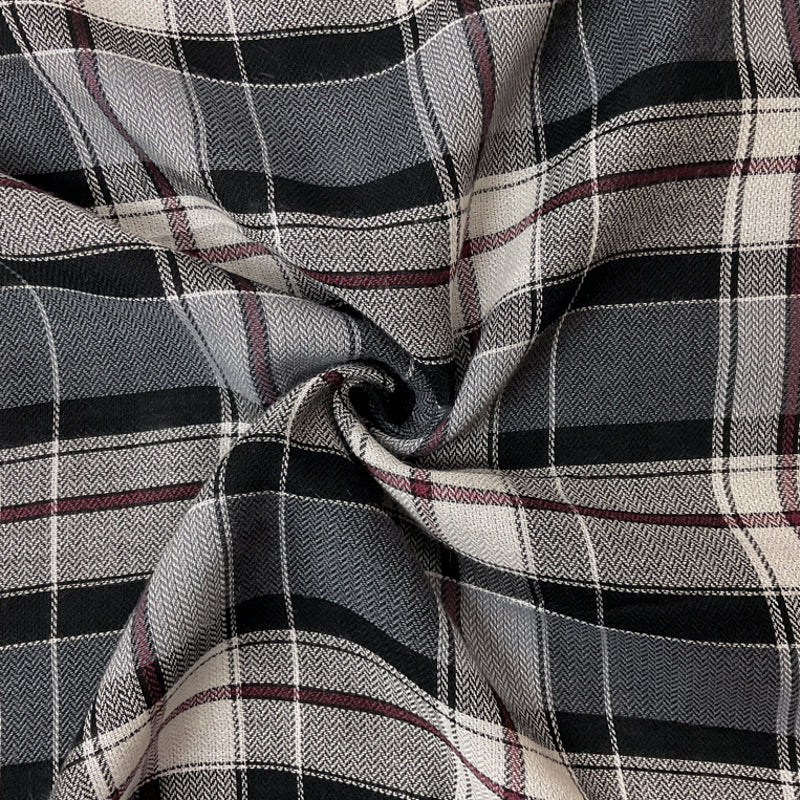 White-Red=Black Rayon Plaid Herringbone Twill Woven Fabric