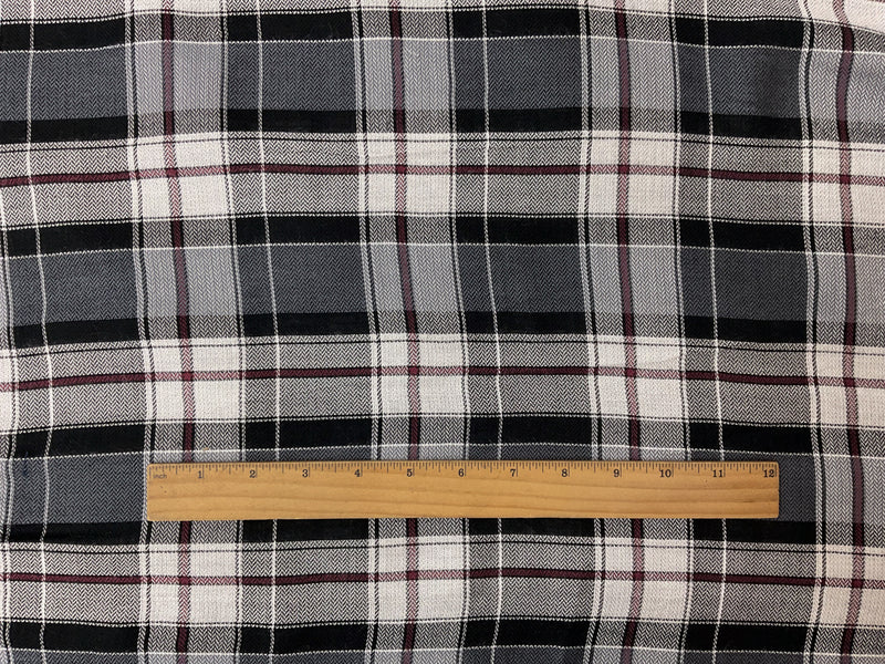 White-Red=Black Rayon Plaid Herringbone Twill Woven Fabric
