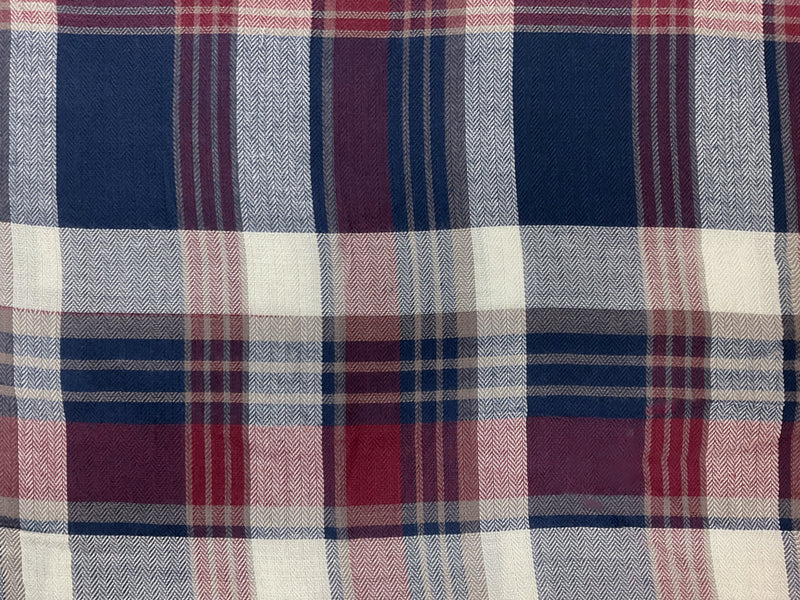 Red-Blue-White Rayon Plaid Herringbone Twill Woven Fabric