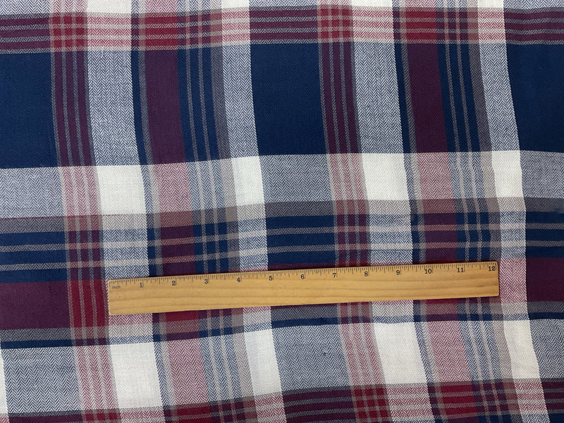 Red-Blue-White Rayon Plaid Herringbone Twill Woven Fabric