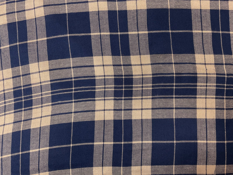 Blue-Beige Rayon Plaid Herringbone Twill Woven Fabric