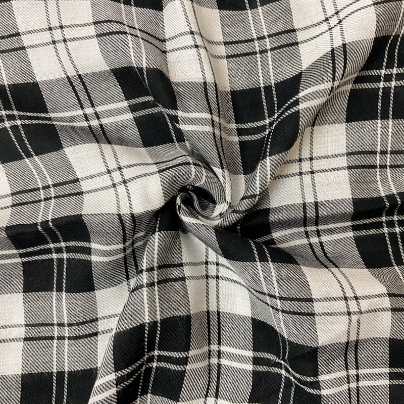 Black-White Rayon Plaid Twill Woven Fabric