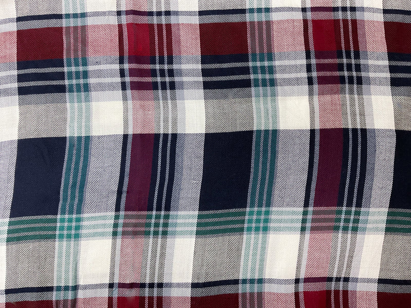 Red-Navy-White Rayon Plaid Herringbone Twill Woven Fabric