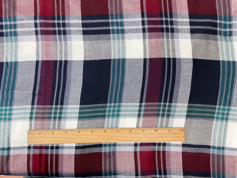 Red-Navy-White Rayon Plaid Herringbone Twill Woven Fabric