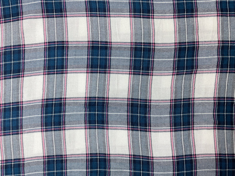 Blue-Pink-White Rayon Plaid Twill Woven Fabric