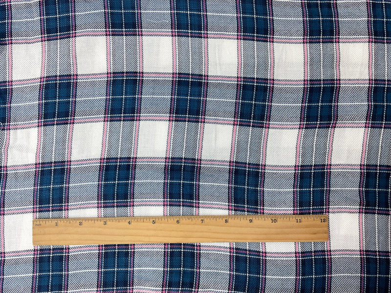 Blue-Pink-White Rayon Plaid Twill Woven Fabric