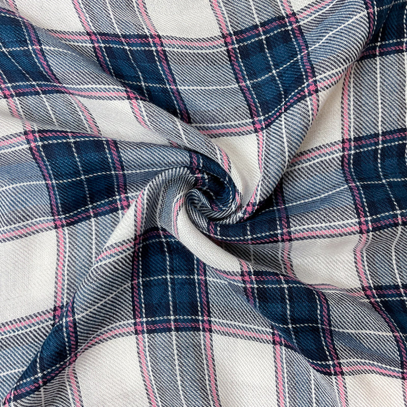 Blue-Pink-White Rayon Plaid Twill Woven Fabric