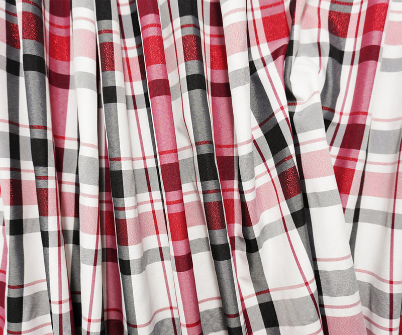 Black-White-Metallic Red Poly Plaid Taffeta Woven Fabric