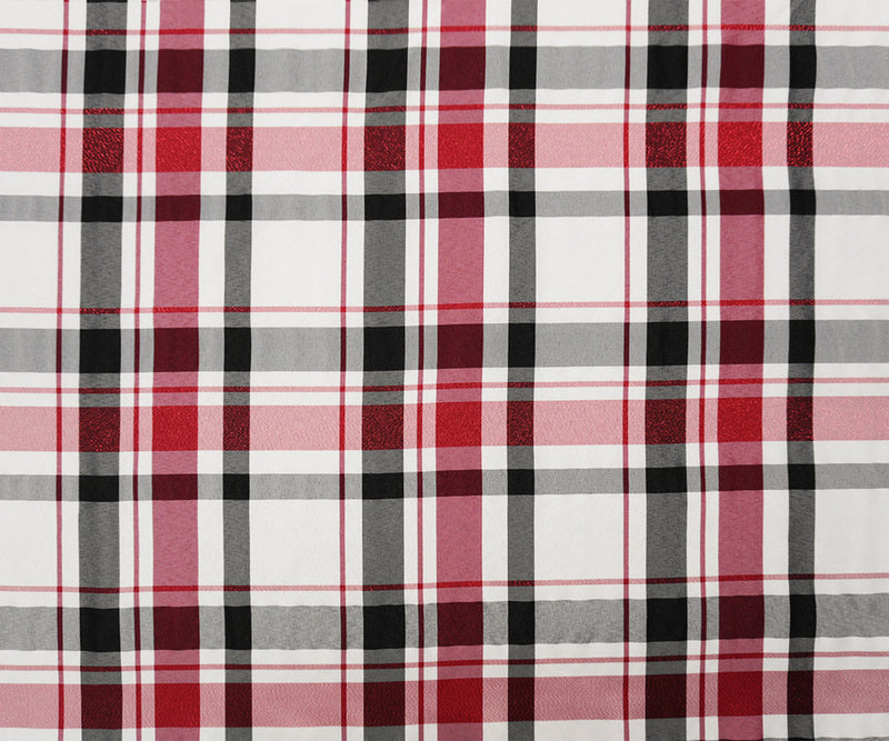 Black-White-Metallic Red Poly Plaid Taffeta Woven Fabric