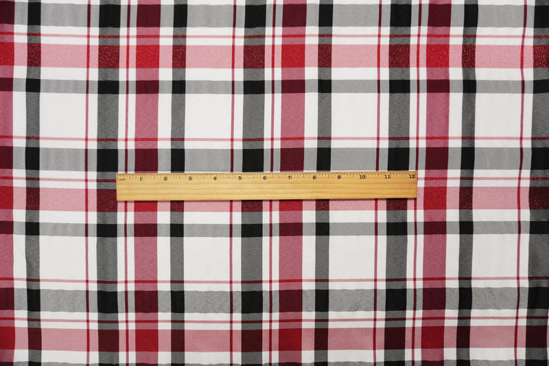 Black-White-Metallic Red Poly Plaid Taffeta Woven Fabric
