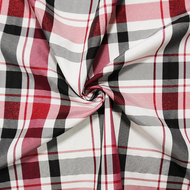 Black-White-Metallic Red Poly Plaid Taffeta Woven Fabric