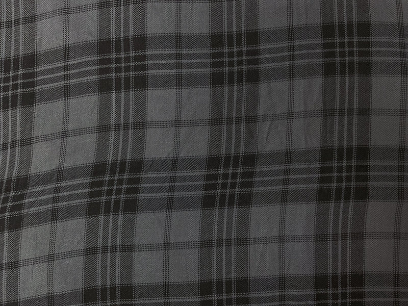 Deep Gray-Black Rayon Plaid Herringbone Twill Woven Fabric