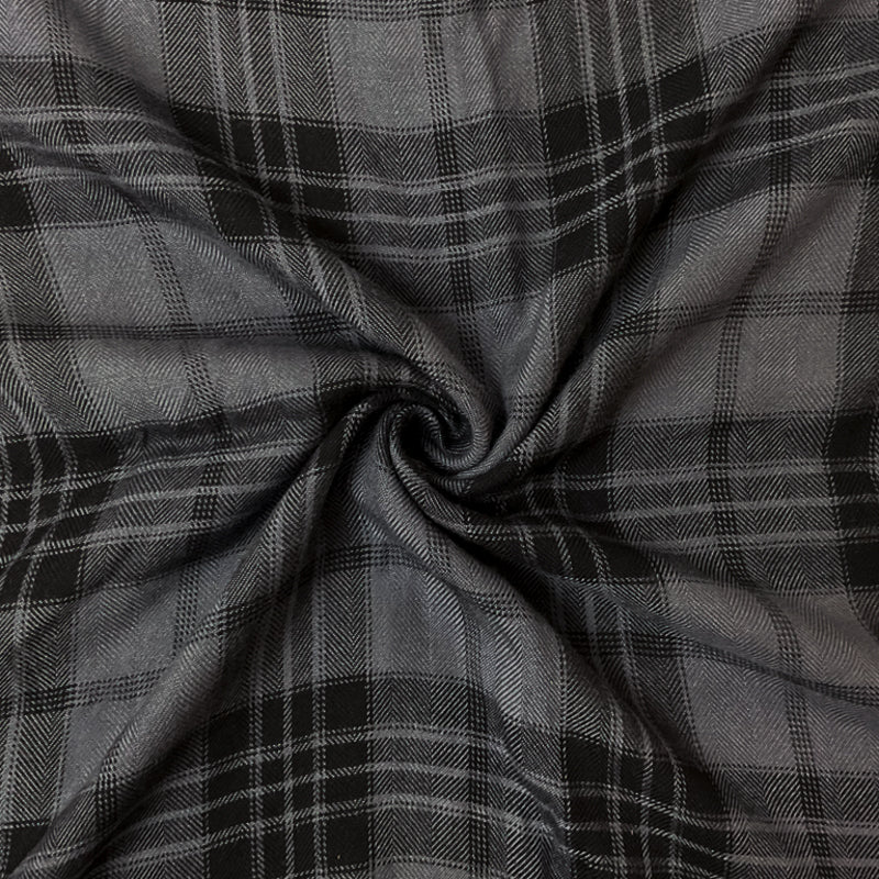 Deep Gray-Black Rayon Plaid Herringbone Twill Woven Fabric