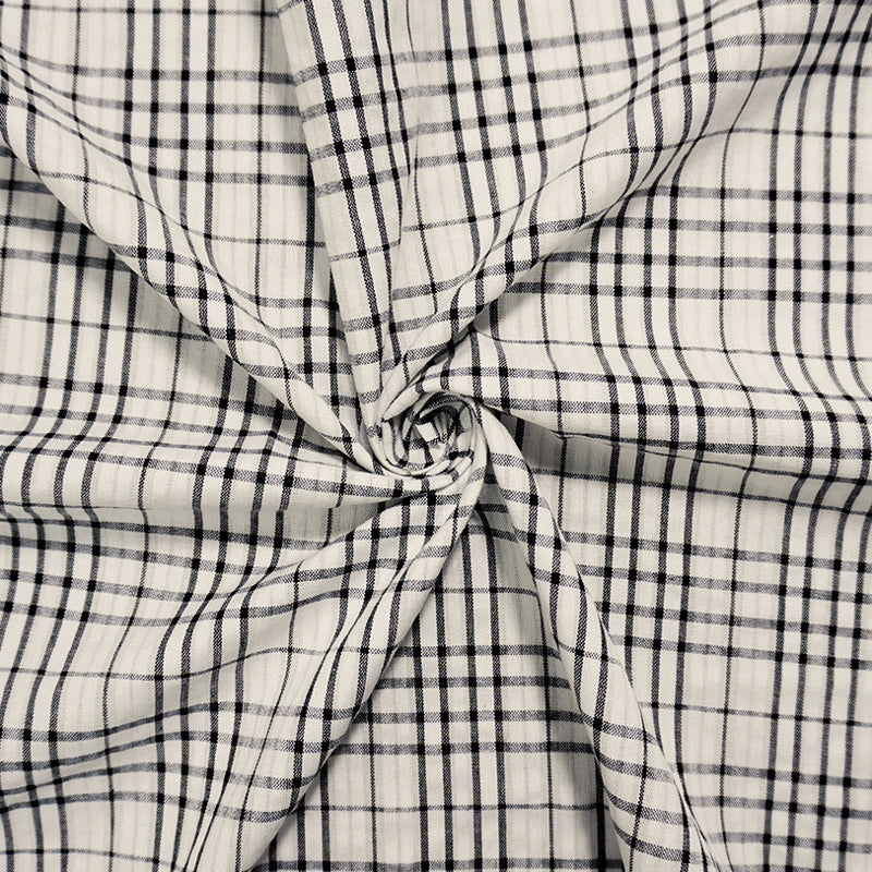 Black-White-Beige Poly Plaid Madras Woven Fabric