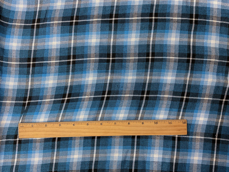 Blue-Black-White Rayon Plaid Twill Woven Fabric