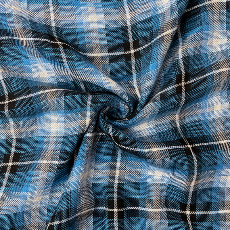 Blue-Black-White Rayon Plaid Twill Woven Fabric