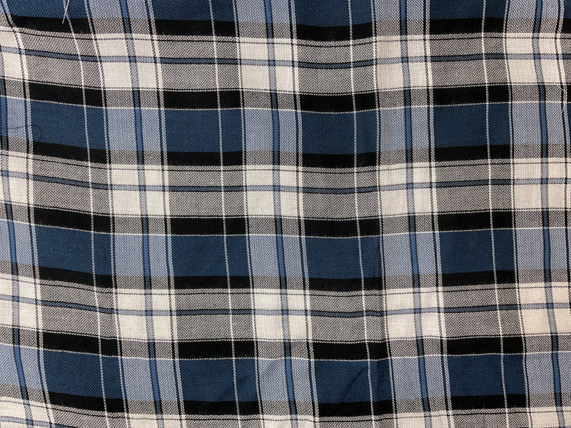 Blue-Black-White Rayon Plaid Herringbone Twill Woven Fabric