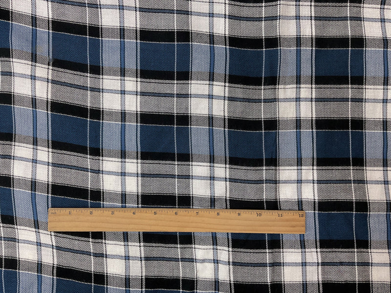 Blue-Black-White Rayon Plaid Herringbone Twill Woven Fabric