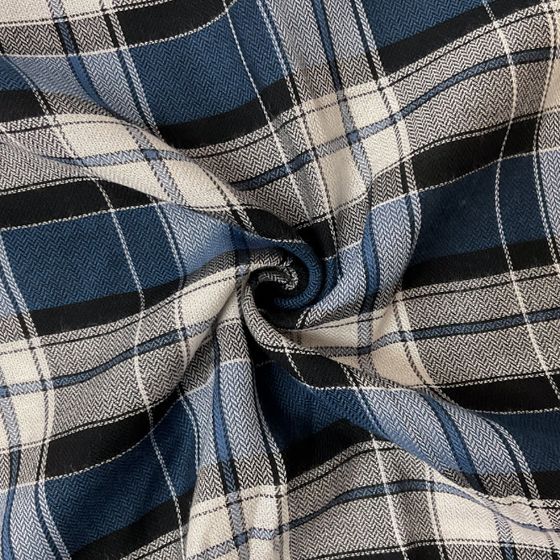 Blue-Black-White Rayon Plaid Herringbone Twill Woven Fabric
