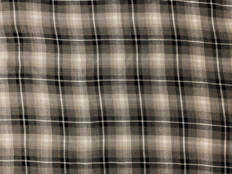 Taupe Beige-Black-White Rayon Plaid Twill Woven Fabric