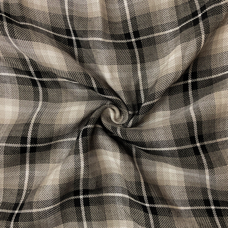 Taupe Beige-Black-White Rayon Plaid Twill Woven Fabric