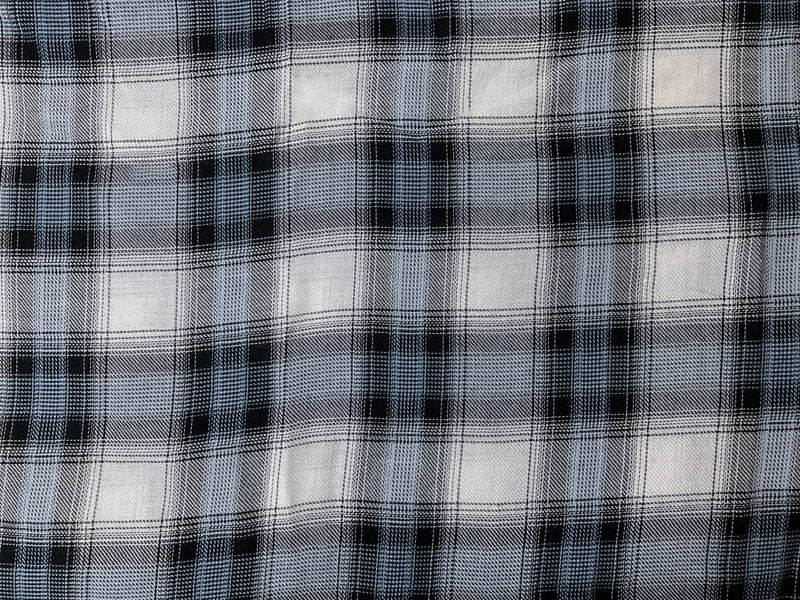 Black-White-Blue Rayon Plaid Twill Woven Fabric