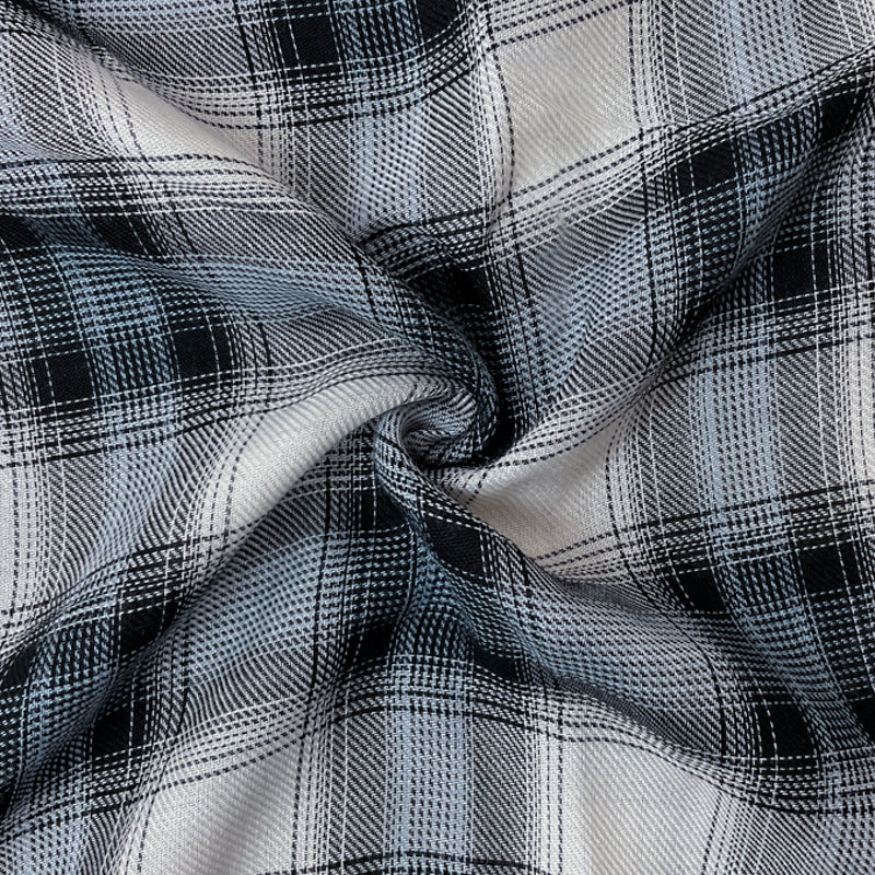Black-White-Blue Rayon Plaid Twill Woven Fabric