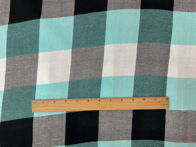 Teal-Black Rayon Check Twill Woven Fabric