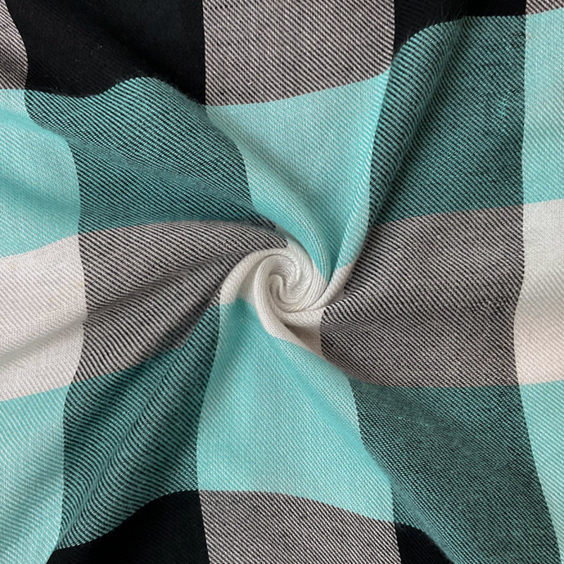 Teal-Black Rayon Check Twill Woven Fabric