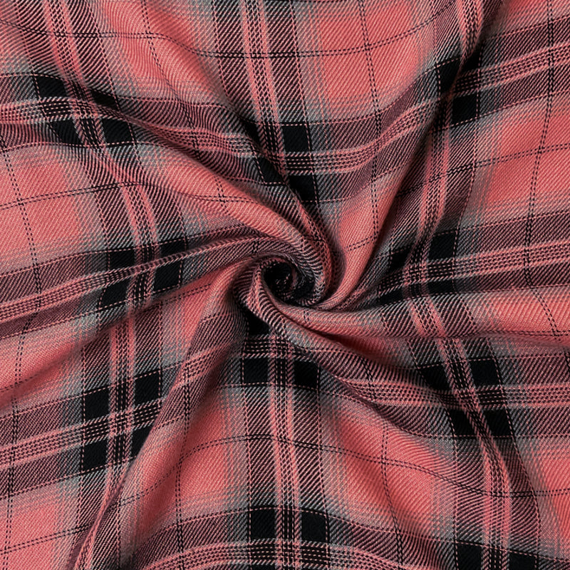 Black-Coral-Gray Rayon Plaid Twill Woven Fabric