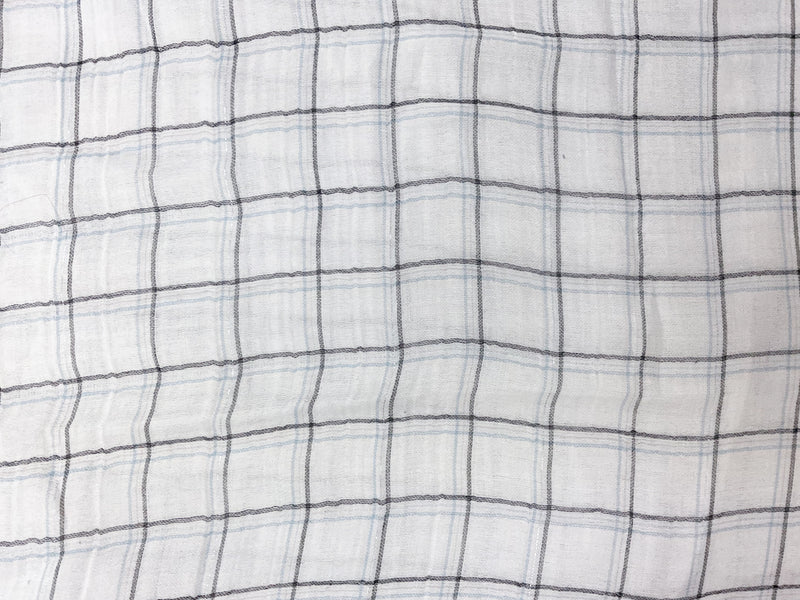 White-Blue-Silver Rayon Plaid Double Gauze Woven Fabric