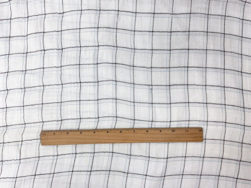White-Blue-Silver Rayon Plaid Double Gauze Woven Fabric