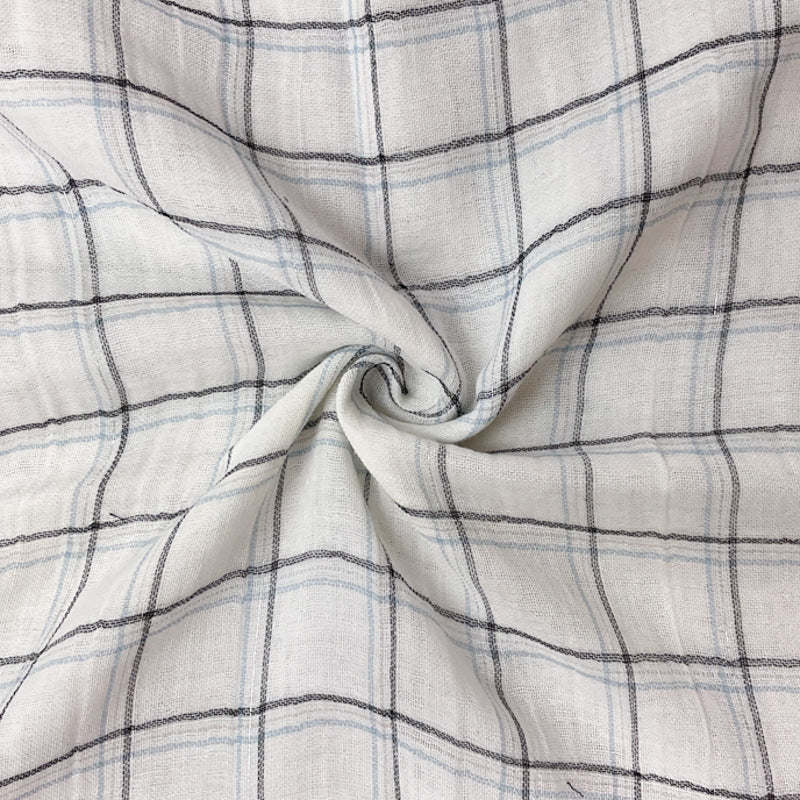 White-Blue-Silver Rayon Plaid Double Gauze Woven Fabric