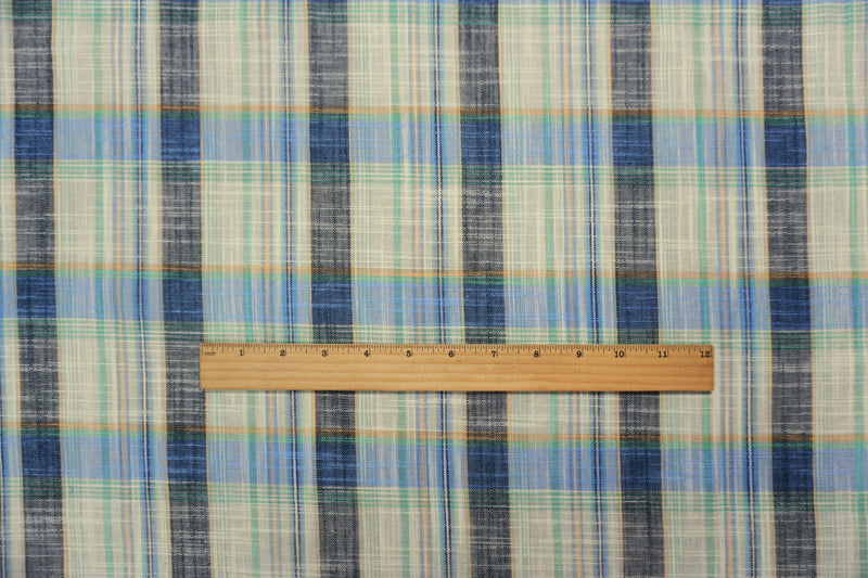 Blue-White-Multi Cotton Plaid Cross Hatch Woven Fabric